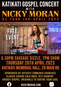 Katikati community sausage sizzle and live looping Gospel concert with Nicky Moran 