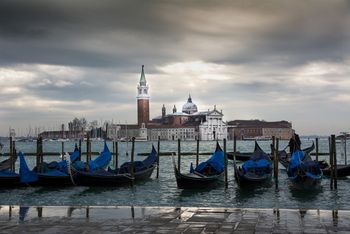 View from St. Mark's Square out Church of San Georgio Maggiore and Gondolas, Venice, Italy
