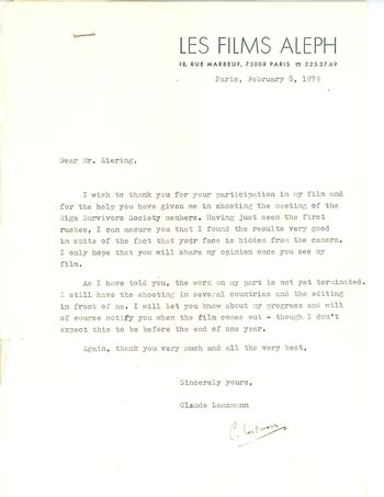 Claude Lanzmann's thank you letter for giving access to Society of Survivors Riga Ghetto
