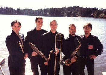 Hugh Fraser Quintet (left to right) Dave Robbins, Ross Taggart, Hugh Fraser, Campbell Ryga, Ken Lister
