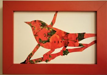 Red and Green Warbler. Calendar clippings and non-toxic glue on hardboard in red frame, behind glass. 2020. SOLD
