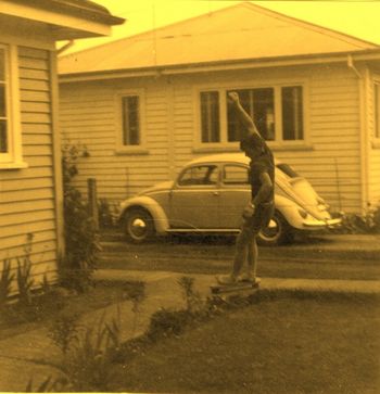 Kings house....Mike practising those hard turns The house with the VW became Geoff and Sandra Smiths home for a time...so the Kings house became quite a little hive of activity in this neighbourhood!....this was probably starting to happen in little pockets all over NZ in '64...
