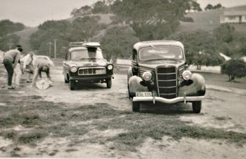 the boys heading home after a nice session at Waipu....1963 Tui's Ford Coupe...Ross and Dons Edges..FE Holden.....check the boards going out thru the back window of Tui's car!!!
