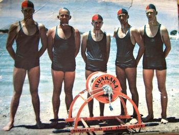 Ruakaka SLSC members at the Ngunguru sports gala '64 Kevin Codlin...Jim Keir...Brian codlin...Terry Hutton...Brian Hutton...foundation members of the newish Ruakaka surfclub doing a promotion at Ngunguru!!.....all keen watermen!!
