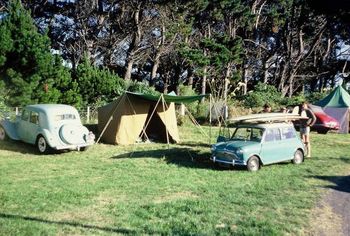 1966..and here's a Summer trip around the Nth Island...how much fun would that have been in '66 Laurie, Max Atkins, Murray Jacks and Paddy Kelly....Paddy's cool citreon..Murrays mini!! the boys head across to Napier and make camp
