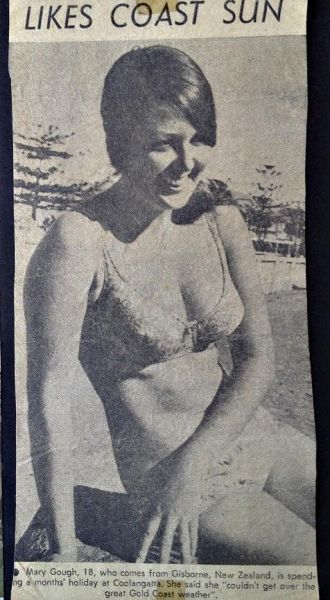 Mary Ralph(Gough) originally from Palmerston North...gets the surfing travelling bug in the late 60s yea....just like we all did!!!....but she was determined to make it to South Africa and Jeffries Bay .........here..hitting the headlines in the local Gold Coast rag...ha!
