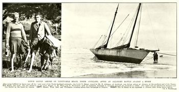 The Ketch 'Te Hangi' pounded ashore at Ahipara....1935 Crew members (left) salvage some belongings off the ship....
