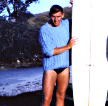 Bro Phil (Cooney)with his new board..Waipu Xmas of '64.The Malibu revolution was in full swing by'64 ....everyone was getting new(& often their first)boards!..also i remember Phil coming up to me & saying"man,you need to hear this guy called 'Johny Mathis'..he's an amazing singer..Ha!...do you remember those sort of moments!!!..
