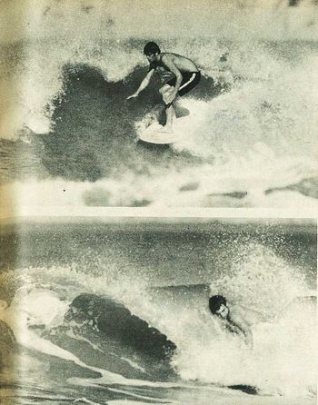 Glen Sutton (top)  and Napier surfer Russel Jones...classic day at Wainui 1968
