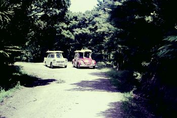 in fact ...even in 1965 the roads were still like this.... i don't think any beach road was tarsealed then!!!!.....Clive (McDonald) and Ian Butt negotiating the road to Whananaki....remember meeting an oncoming car on those steep narrow winding metal roads...scary stuff!!..
