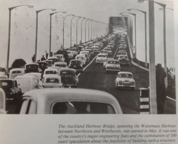 may 1959 'the opening day' The Auckland Harbour bridge was completed in may 1959..and you will notice it only has 4 lanes...the 'Nippon Clippons' as they were known (extra lanes) came later!!
