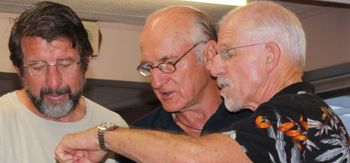 Whangarei surfers dicussing surf memorbilia....2017.....Dick Robinson, Greg Alach, and Dave Boyd
