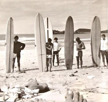 and also a nice wave at Oceans that Xmas too!!!! Trevor Kings foot...(left) Wayne Hutton...Mike Cooney..Brian King...Phil Cooney..&.Colin Hannah Ocean Beach Northland ...summer of '65
