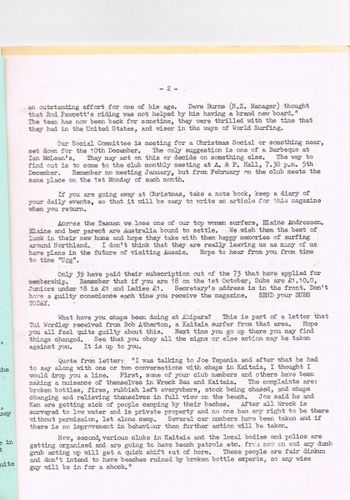 organizing Xmas social..Elaine Andresson heads overseas... Bob Atherton sends a letter to Tatahi complaining of bad behaviour from our crew at shippies..
