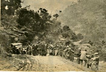 ...slush track (road) in the Herekino Valley..1930 A bunch of politicians and dignatries taking a tour around the north to brag on all the progress...Ha!!
