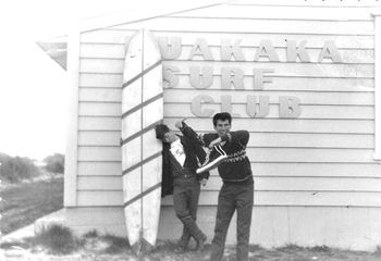 The 2 Mikes ....Cooney and King Ruakaka SLSC '63.. ..and the first malibu that the club bought...and Mike King showing off his new sneakers...sneakers became the in thing around '63
