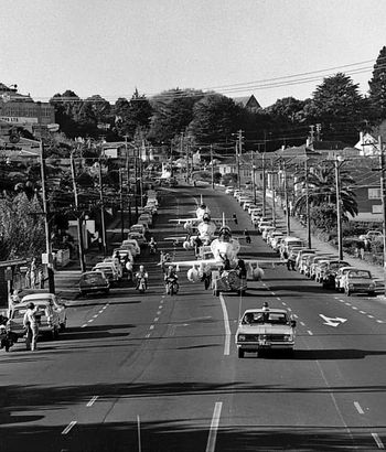 New Skyhawks being towed through Auckland streets on the way to the Whenuapai RNZAF Base in 1970.
