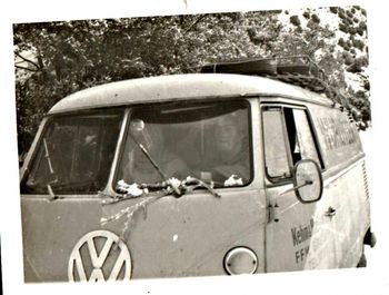 Sylvia and Peter cruising down the road in a good old Kombi... flowers on the windscreen wipers ...'can you dig that'...Ha!!..
