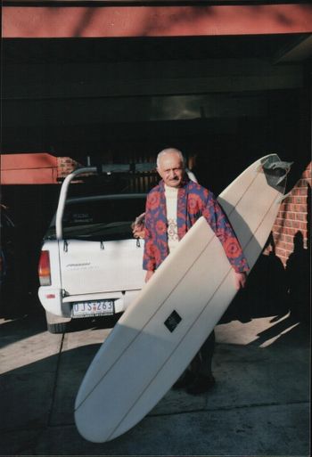 another classic photo...Victoria Australia... 74 yr old Tui (Wordley) (2009).....with his new 'Zella' board.....even has the funky funnel fin....very cool!!...
