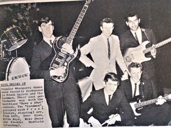 'Frank Spicer and the Sandmen'...woooohooo!! Byron Boyd with that cheeky grin...used to practise his drums across the road where we flatted in Maunu Rd...was a bloody terrible racket!!! he was hopeless!!....na just joking Ha!!...good bloke..good drummer...with Dave Ryan, Mike Dwyer & Freddy Hadfield
