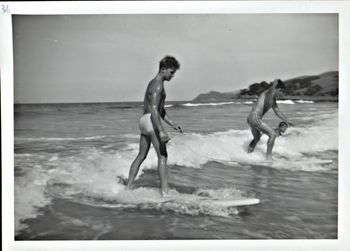 Terry Knew and Harold Watson..all concentration..Waipu ..summer of 1960.... classic photo...probably one of the first Northland surfing photos of two goofys on a wave together...awesome!...
