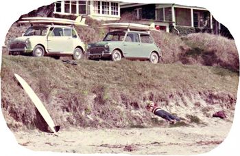 Beautiful Autumn day at Langs Bch (Bream Bay Northland)...1964 Mike Cooney and Brett Knights minis...Brick Taylor asleep on the beach....Brick was great guy...cheeky as they come!!!.......and here's a question for you..."why did heaps of surfers have mini's......dirt cheap to run of course...why else!!!...Ha!!..
