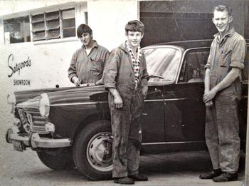 Here's that smooth Alach boy again (left)...... Gregs brother 'Junior'...( who still loves building cars nearly 50 years later).......here he is at Pauline Wilsons Dads workshop with Chris Roberts and John Hay...summer of '65
