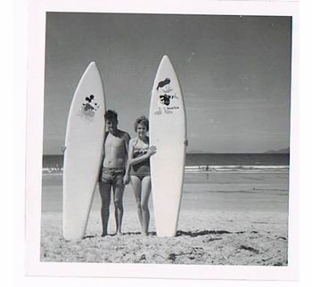 1960 Terrys and Harolds boards they built Harold Watson was Terrys best surfing mate who at 19 tragically went to a dentist complaining of tooth ache and never returned ( fatal absess). Northland lost one of its great surfing pioneers...His fiance Betty Harvey next to him!
