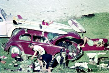 Ian Mclean & Bruce Ryan...and a typical boys bedroom..Ha! ....Ahipara '67 ...and they even had music (radio on the car)
