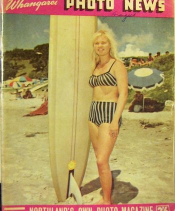 22yr old Waipu school dental nurse Liz Worsford...April '66 Liz was the Womens title holder in the Tatahi club..and is about to head off overseas..eventually going to Sth Africa to surf 'Bruces beauties'..note the Aussie board with 'surf permit' ..Photo News 2'6pence ha!
