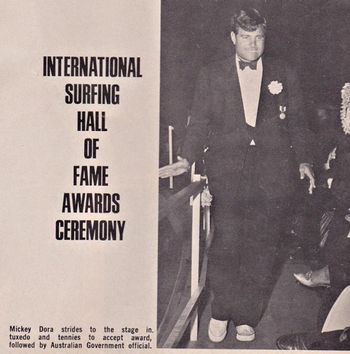 it was around about mid 60's that Mikey Dora began to make a big impact on us....his flamboyance... & unique attitude made him an icon...just after he died,Greg Knoll told a number of us at Noosa(festival of surfing)that he went to see Mikey in hospital..put his hand on Mikey & said "i love u man"..Mikey replied"luv u 2 man"& died that nite..'beautiful'
