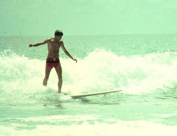 Ian Butt and the classic boardshorts look of '66... Most boardies had one big stripe on them ...just like the T-shirts of that time had the one stripe on them.....in 1962 we didn't care what we wore...by '66 there was a definite 'surf look'........
