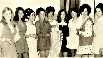 Some of the guests at Sheldon and Margarets wedding..... Sue Lane (left) sister of tough guy Dave!!...?...Mira Pou...Carol Brott...Margaret...Kiri Pou...Elaine Crooke...Pauline Wilson and Margaret Player......the babes of the 60s...Woohooo!!
