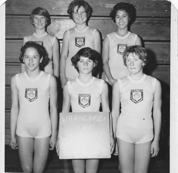 0f course in '63...Leslie was still a schoolie!!..Paula Haywood holding board..Leslie middle back...  & maybe Margaret Pou top right..not sure on that one!..Whangarei Int.gymnastic team!!..in '63 even tho a lot of young people were getting into surfing..most still did other sports..the fully committed dedicated surfer was still a rare thing!!...
