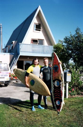 Dave and Mike....head for a surf......Pataua
