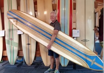 2022 ....Whangarei boy....Rod Haywood donates his 1962 board to Roger Land surfboards museum ...Raglan
