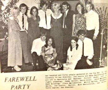 150 attend farewell party!!...Ian Simelhay..Jim Leslie..& Mike Easterbrook head off overseas... i recognise Clare Marinkovich & Terry Lupton..i wonder if you were one of the 150 people that night..The 'Top Hat' facility..farewells like this seemed common place around '68..any excuse for a Party..Jen Keller, Dave Greer, Julie McBeth, Hank, Liz & Lex
