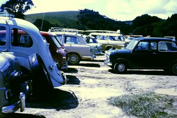 What an array of 'Woodies'...Waipu...summer of '65.... can you recognize anyone's car?....
