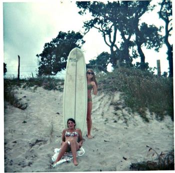 surf girls...16 yr old Michelle Flower (standing)..... and 15 yr old Pauline Cameron at Matapouri...summer of '68
