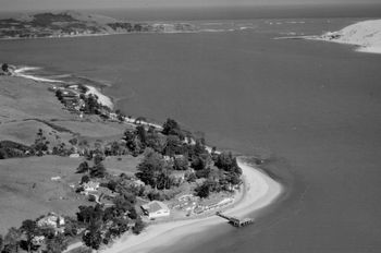 1955 Opononi I think 'opo' the dolphin was probably there then!! That west coast region (coastline) always seemed very unhospitable and bleak to me...give me the east coast anyday!!!..they would feed 'Opo' off that wharf below...
