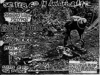 Ann Arbor, Michigan, 1993. We managed to get through one song before the Police shut us down. In the chaos that followed, numerous squads responded to provide back up as an angry crowd surrounded officers violently harassing patrons and making arrests. Flyer art by Jason Outcast.
