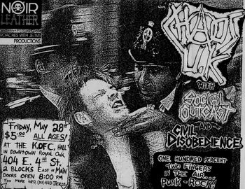 Royal Oak, Michigan, 1993. Most memorable quote of the night: "Get us a fucking pizza ya cunts!" Flyer art by Jason Outcast.
