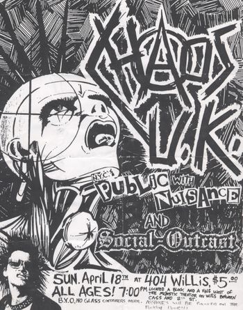 Detroit, Michigan, 1993. #2 Like too many shows in Detroit during the late 80's and early 90's, this one was marred by violence. Nazi punk boneheads attacked people outside the 404 during our set and put Bill from Dog's Breath in the hospital. Flyer art by Jason Outcast.
