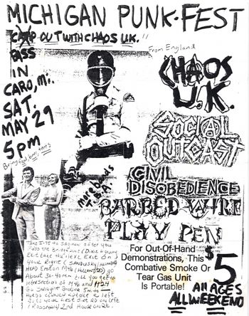 Caro, Michigan, 1993. #2 The Red Shed was located on an old farm way out in the boondocks and was perfect for gatherings like this. The bands played in a large pole barn with a dirt floor and a homemade stage. Flyer art by John Griffin.
