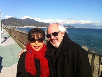 Leslie & Gerard in Japan, Mount Fugi is in the clouds.
