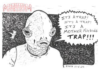 "It's A Trap" Tribute to Erik Bauersfeld (Admiral Ackbar) from Star Wars. Pen and Ink.
