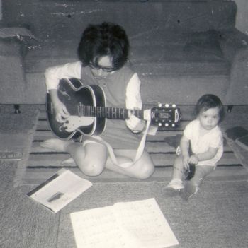 High School:  First Guitar and Little Sister. A Harmony guitar with strings like barbed wire, but I'm making a G chord in spite of the pain. Note the mini-skirt and cat's eye glasses.  Little sister Julie is holding her own tiny plastic guitar.
