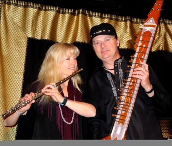 Teahouse2 Promo pic for our Duo. Lynne Griffiths (flute,harp), Roman Astra (Sitar, Indian violin)
