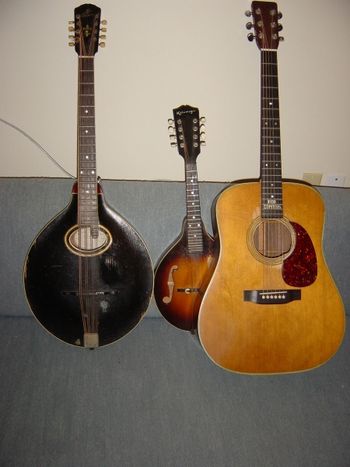 My 1908 Gibson mandocello, 1940 Kalamazoo mandolin, and my 1968 Martin D28 guitar
