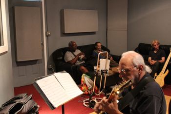 Working Things Out Seated Steve Taylor, Gene Stone and Mike Mowen.  Joe Gaeta reading charts.  Music Lab 7/15/2017
